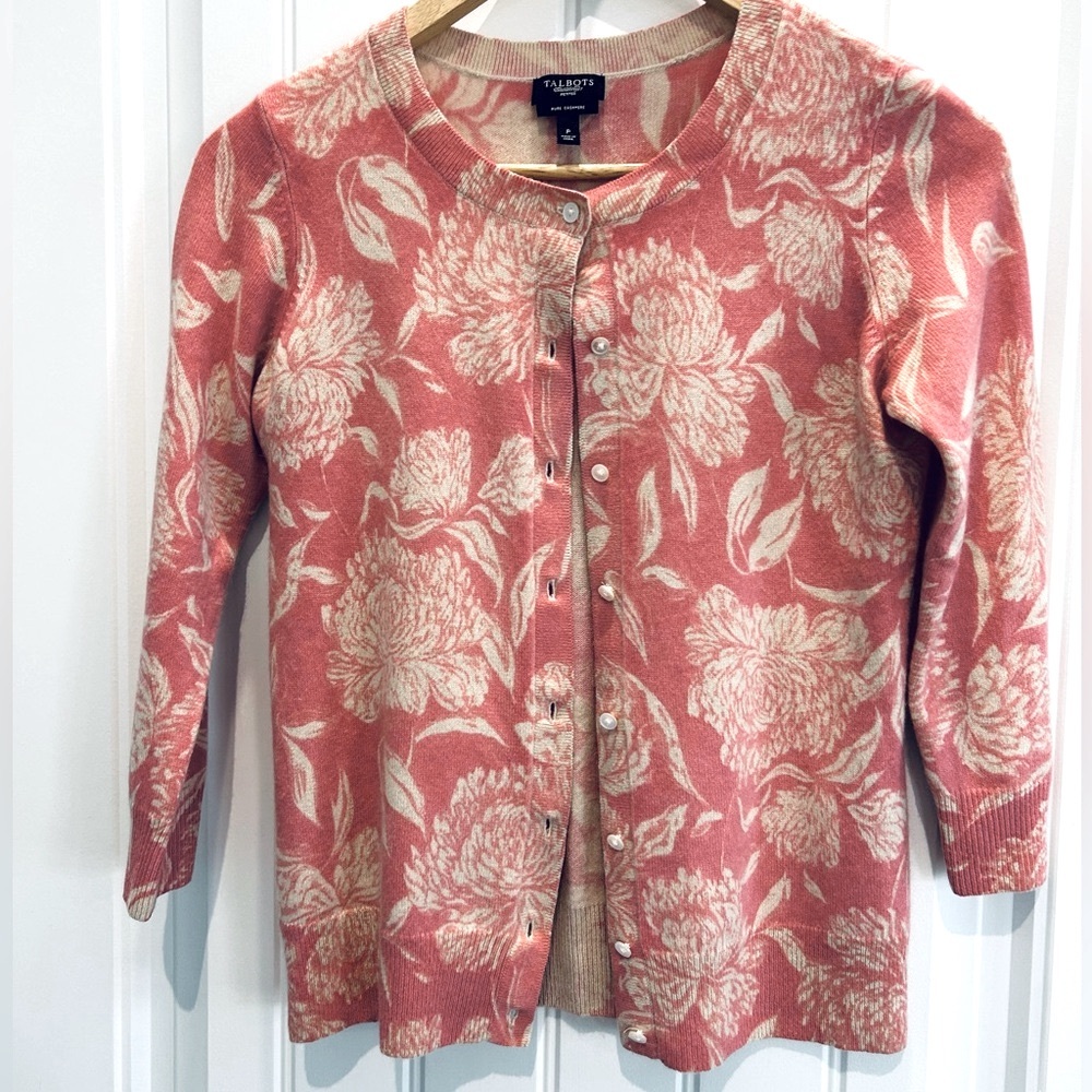 Talbots Cashmere Cardigan in Soft Salmon Pink and Cream